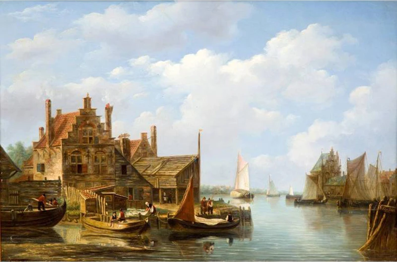 1806-Frans Jacobus van den Blijk - Villaggio olandese con figure e barche lungo la riva